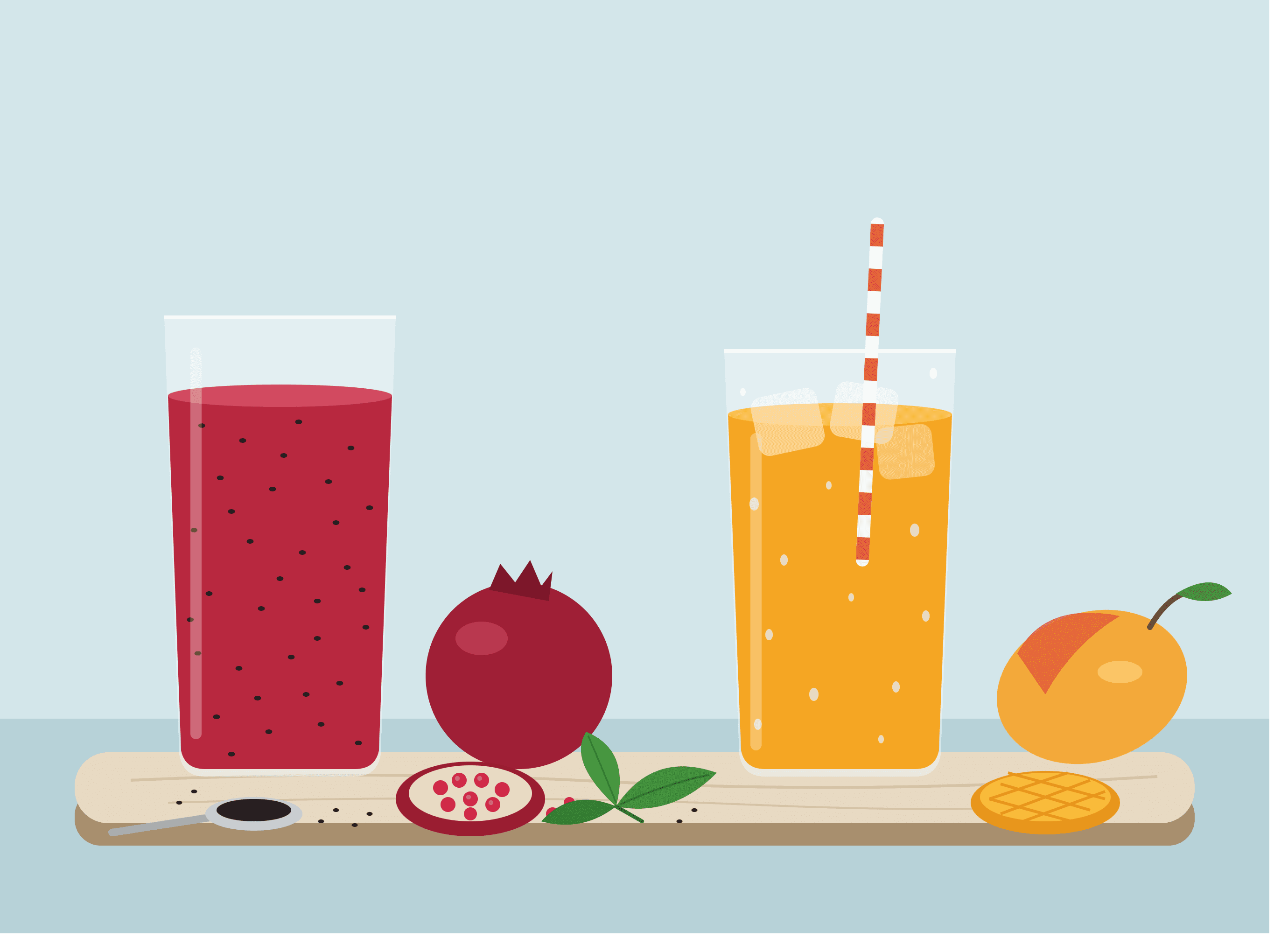 Illustration of pomegranate and mango drinks with fruit and basil