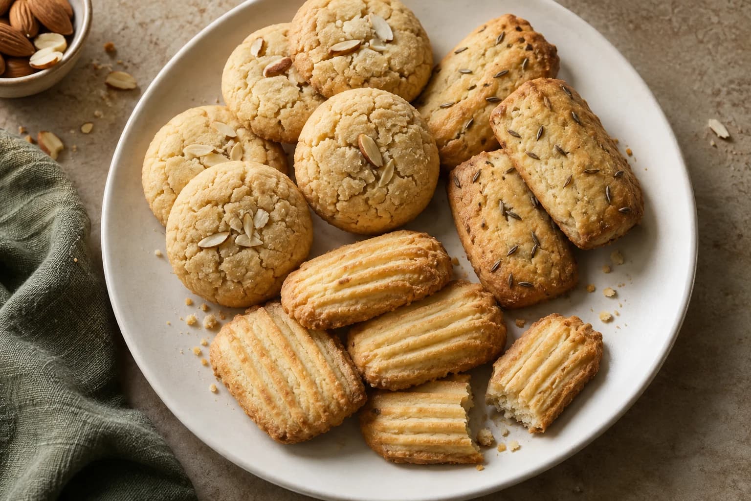 An assortment of almond, cumin, and ridged biscuits on a cream platter