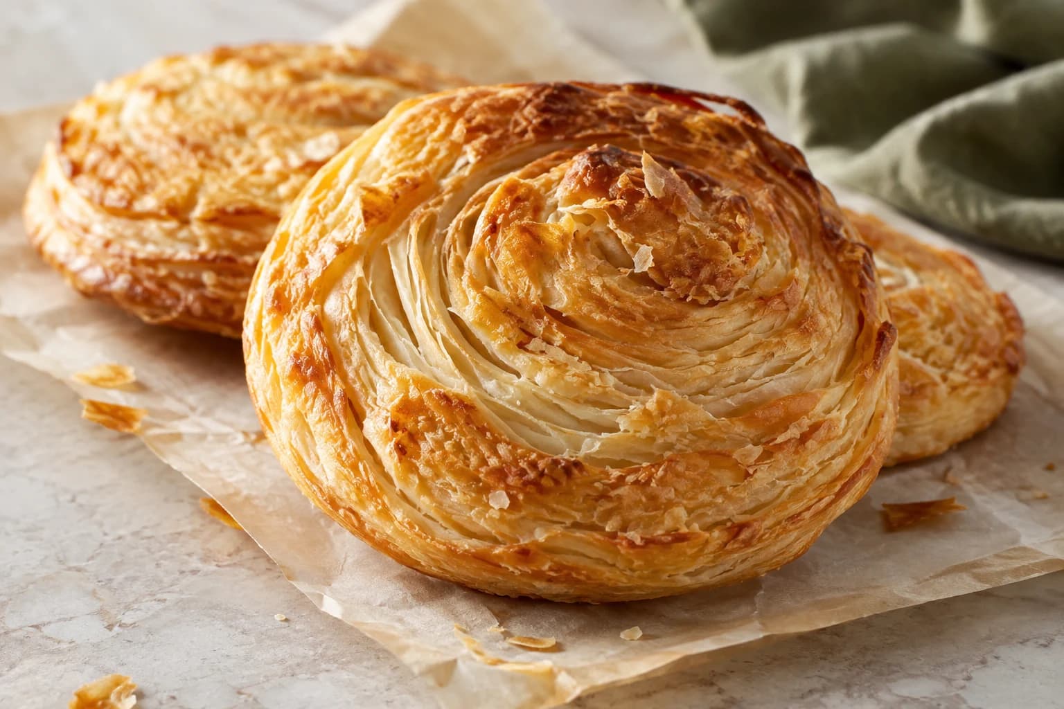 Golden layered pastries with crisp flaky edges on cream parchment