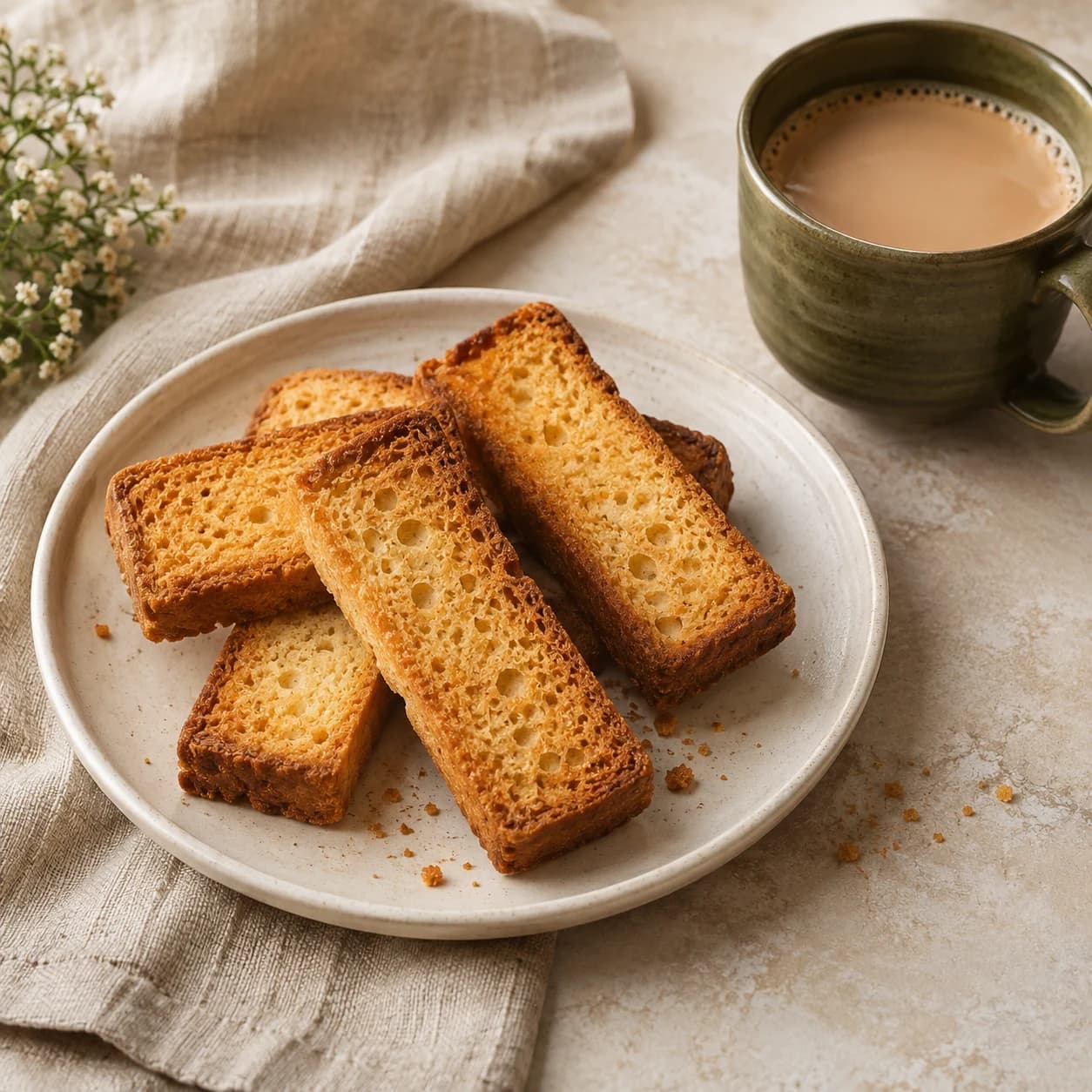 Golden cake rusks on a cream plate beside an olive-green cup of chai