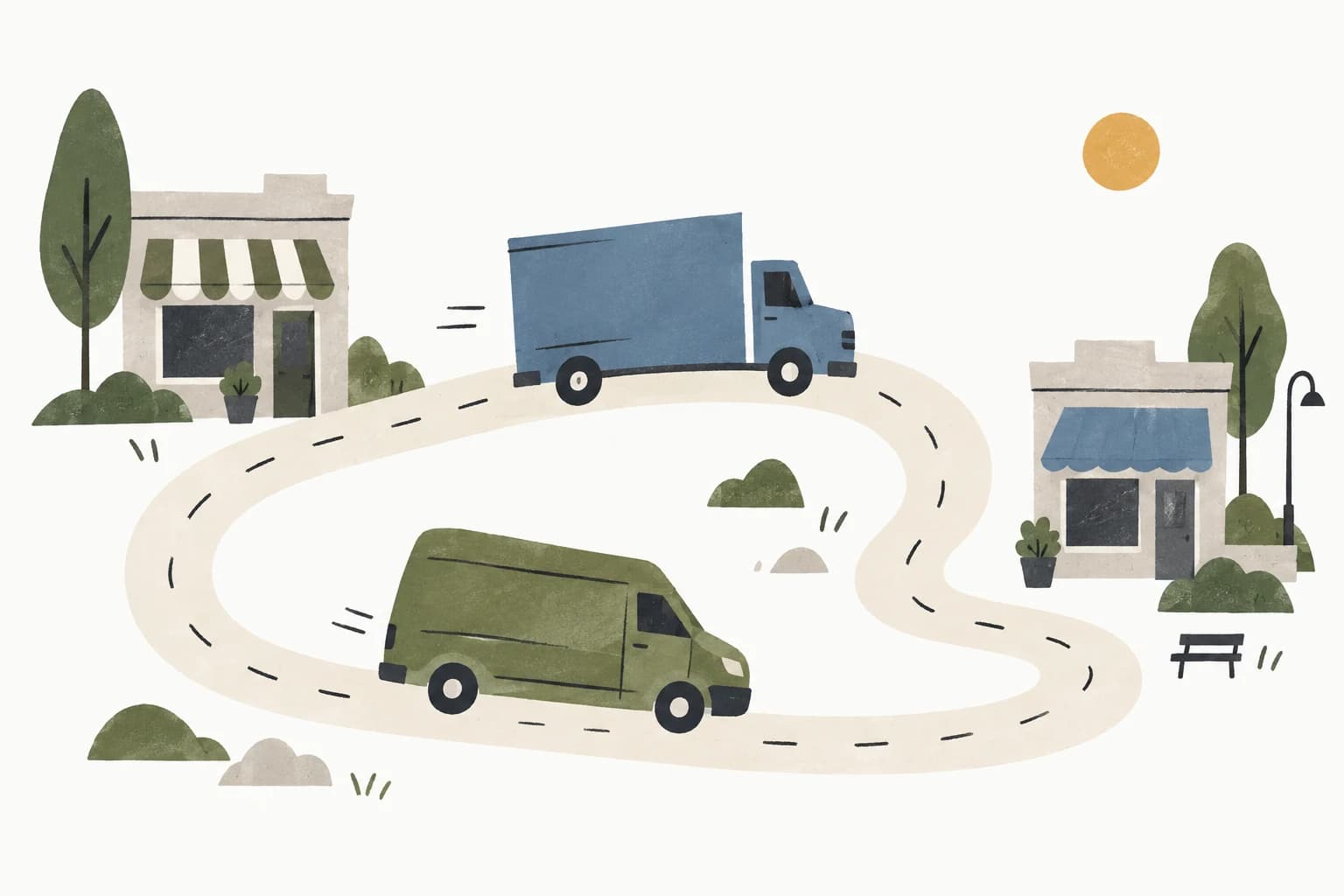 Abstract illustration of a cargo van and box truck following a route between shops