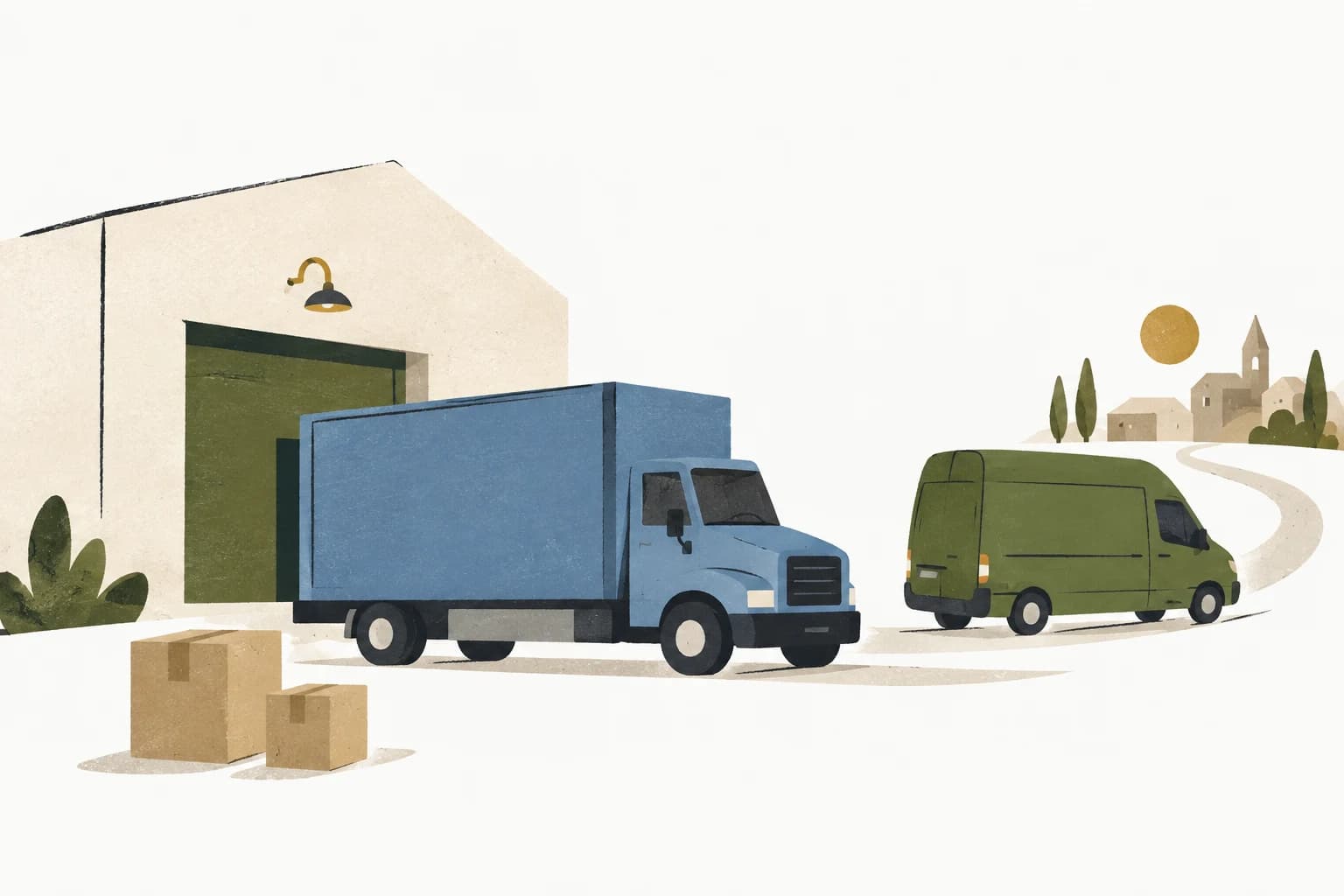 Abstract illustration of a blue box truck and olive cargo van outside a loading dock