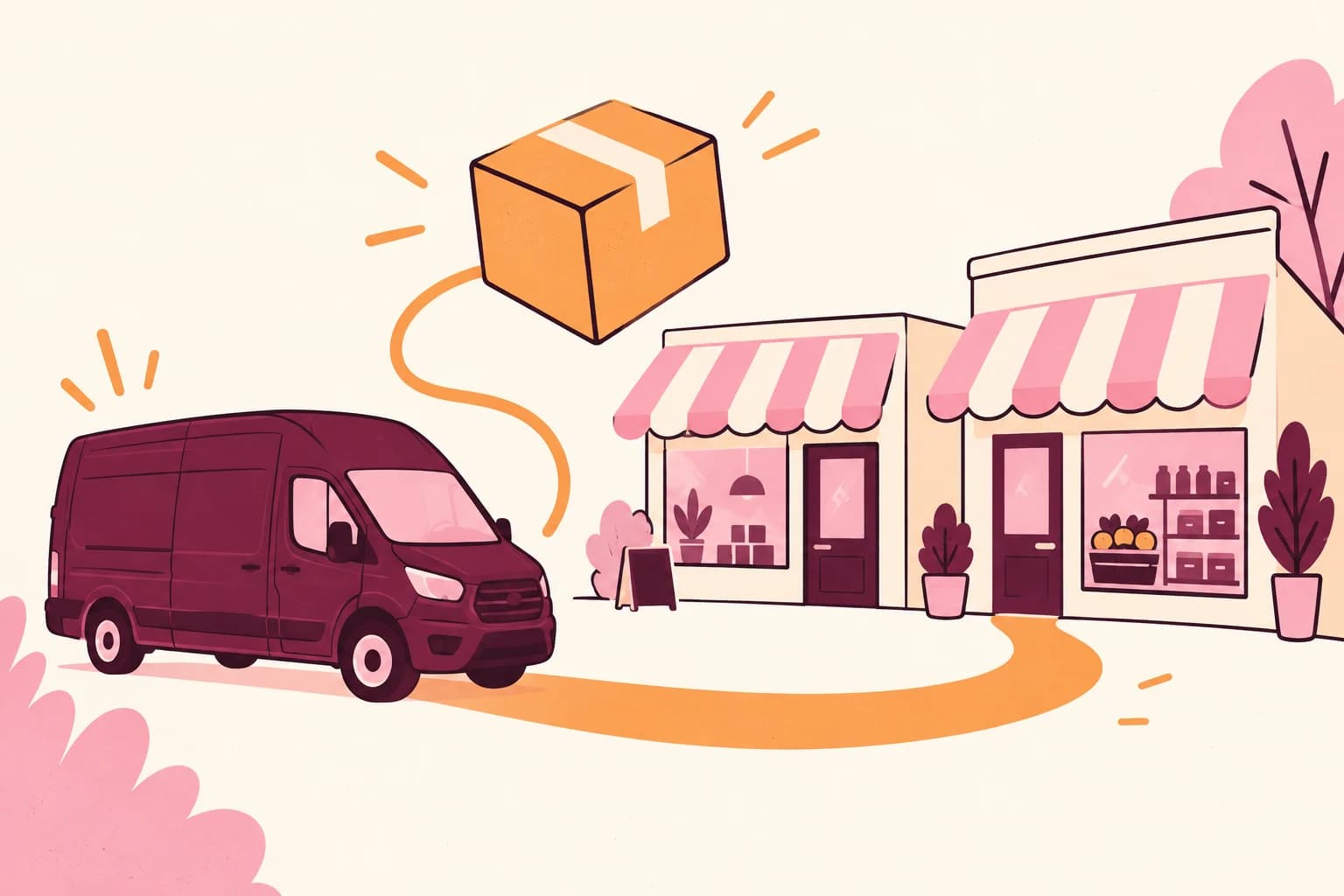 Cartoon illustration of a burgundy cargo van delivering to neighborhood shops with pink awnings