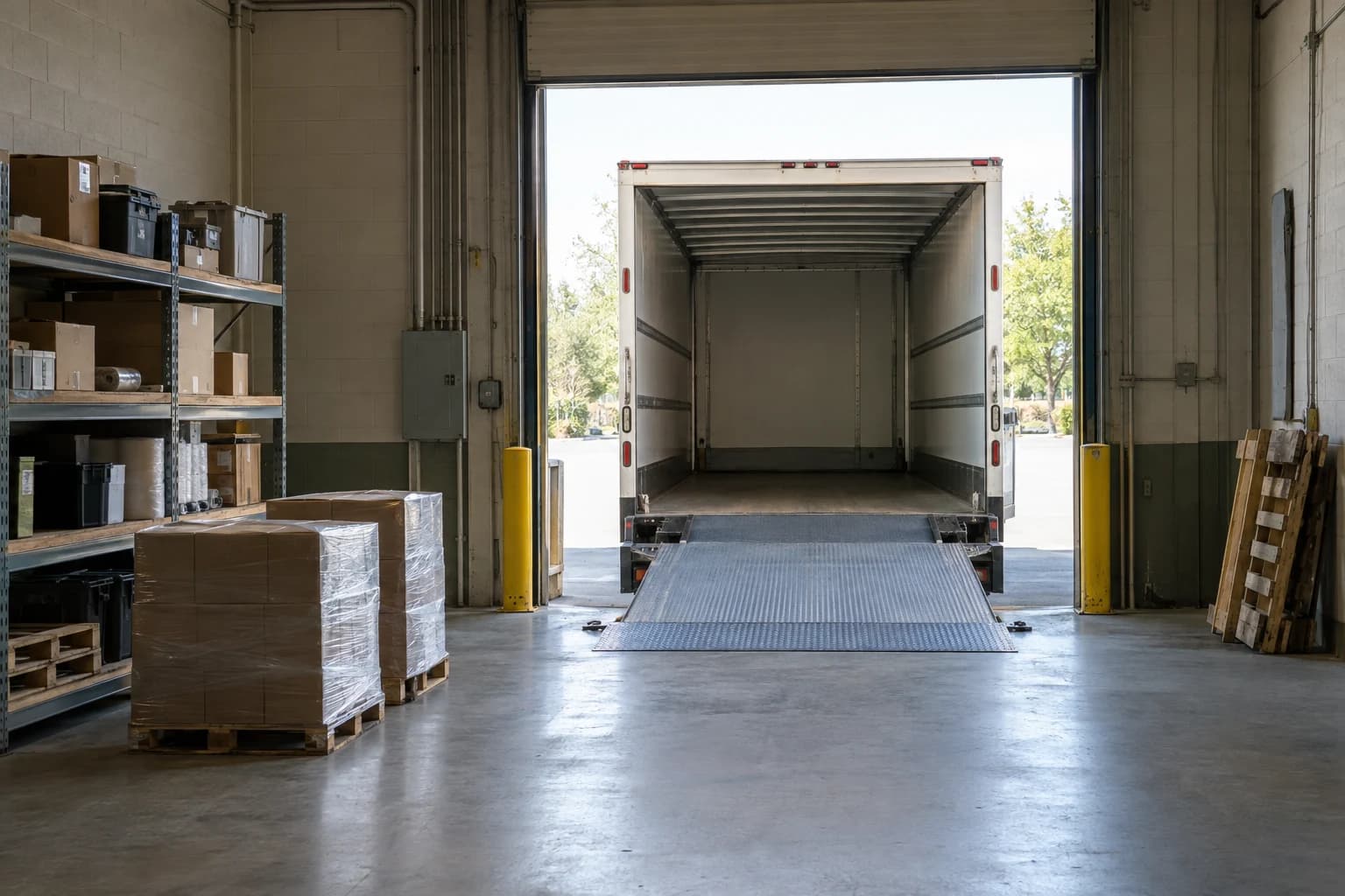 Illustrative warehouse interior with cartons, shelving, and an open truck at the loading dock